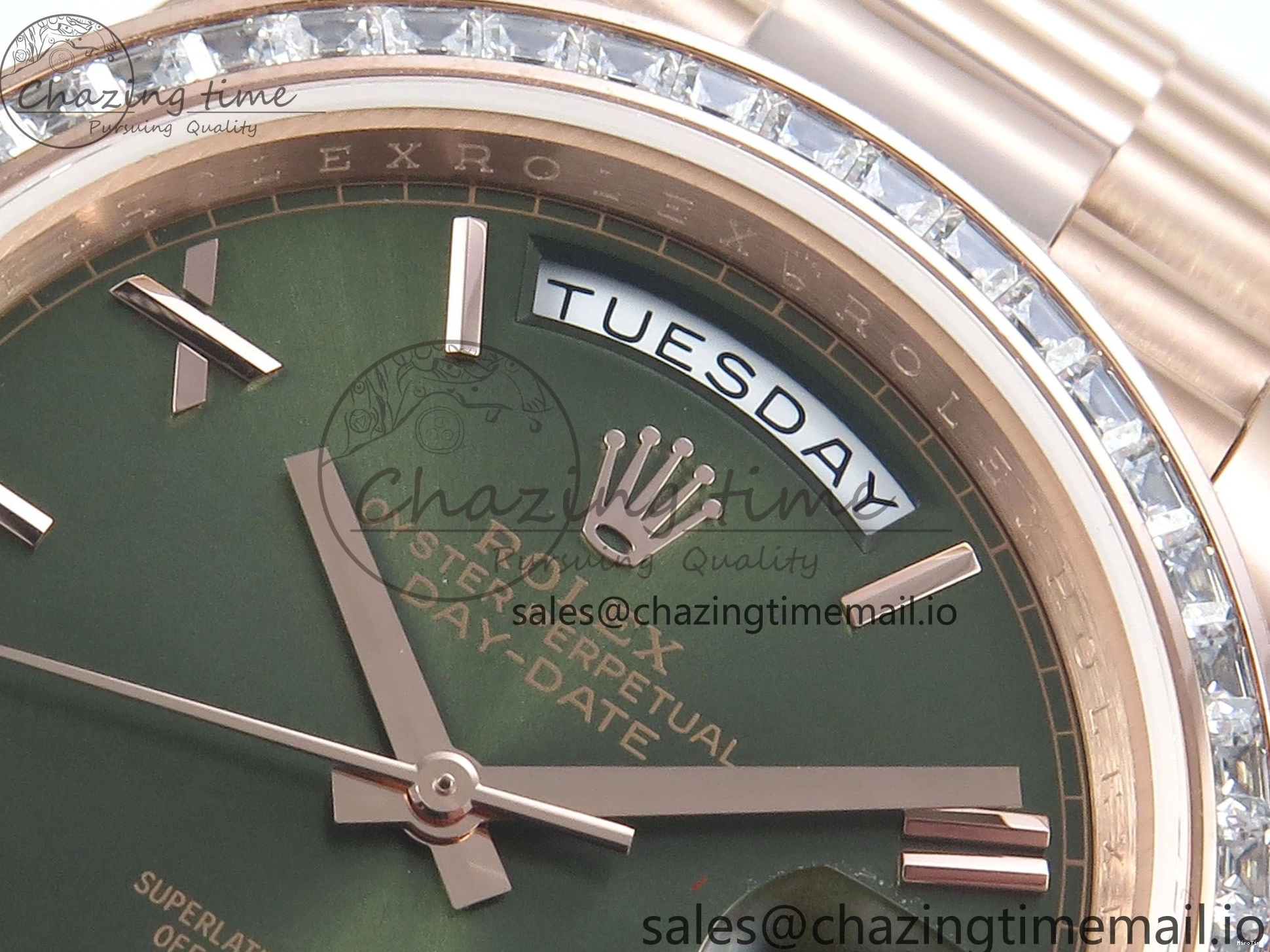 MiroTime 0310 Trendsetting DayDate 40 RG QF 1:1 Best Edition Green Roman Dial Diamonds Bezel on President Bracelet A2836 V5 (Gain Weight) 468